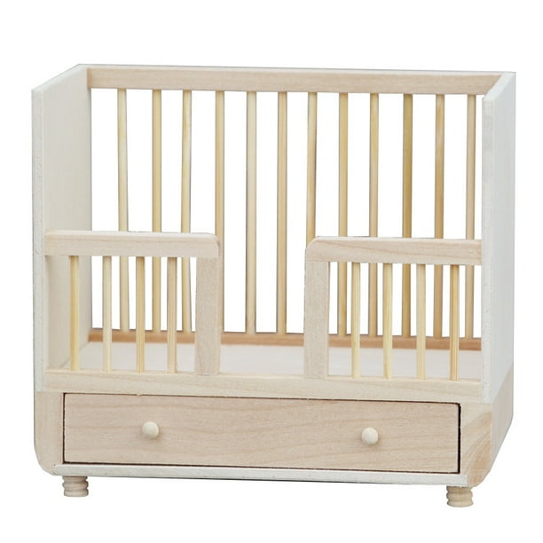 Cuna de madera para bebé Dollhouse Furniture con cajón, escala 1:12