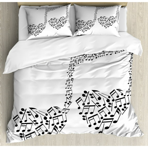Music Duvet Cover Set King Size, Big Abstract Musical Note with Smaller Ones and Heart Shape Details Love of Art, Decorative 3 Piece Bedding Set with 2 Pillow Shams, Black White, by Ambesonne
