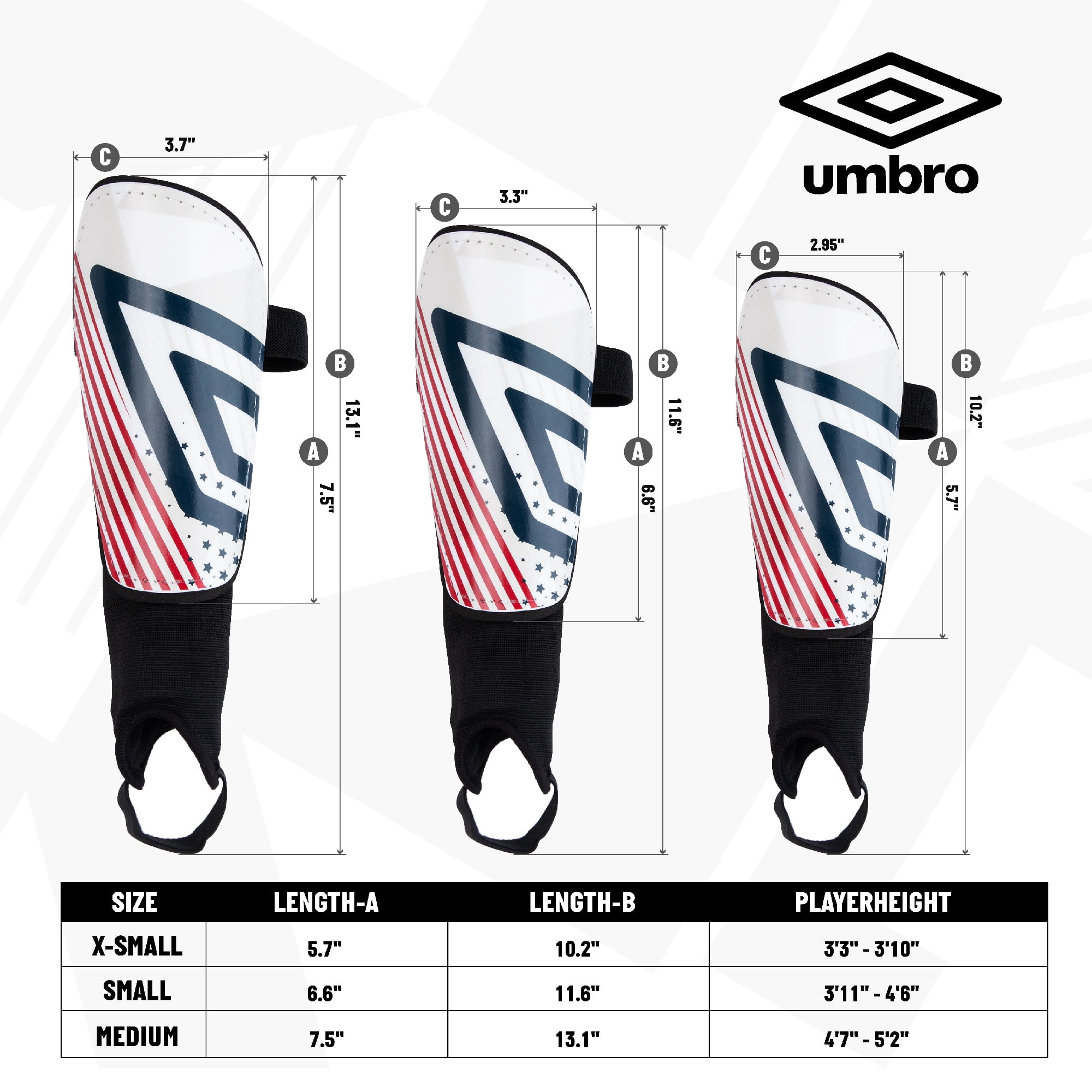 Umbro Americana Youth Small Stirrup Soccer Shin Guards for Kids - Red, White & Blue