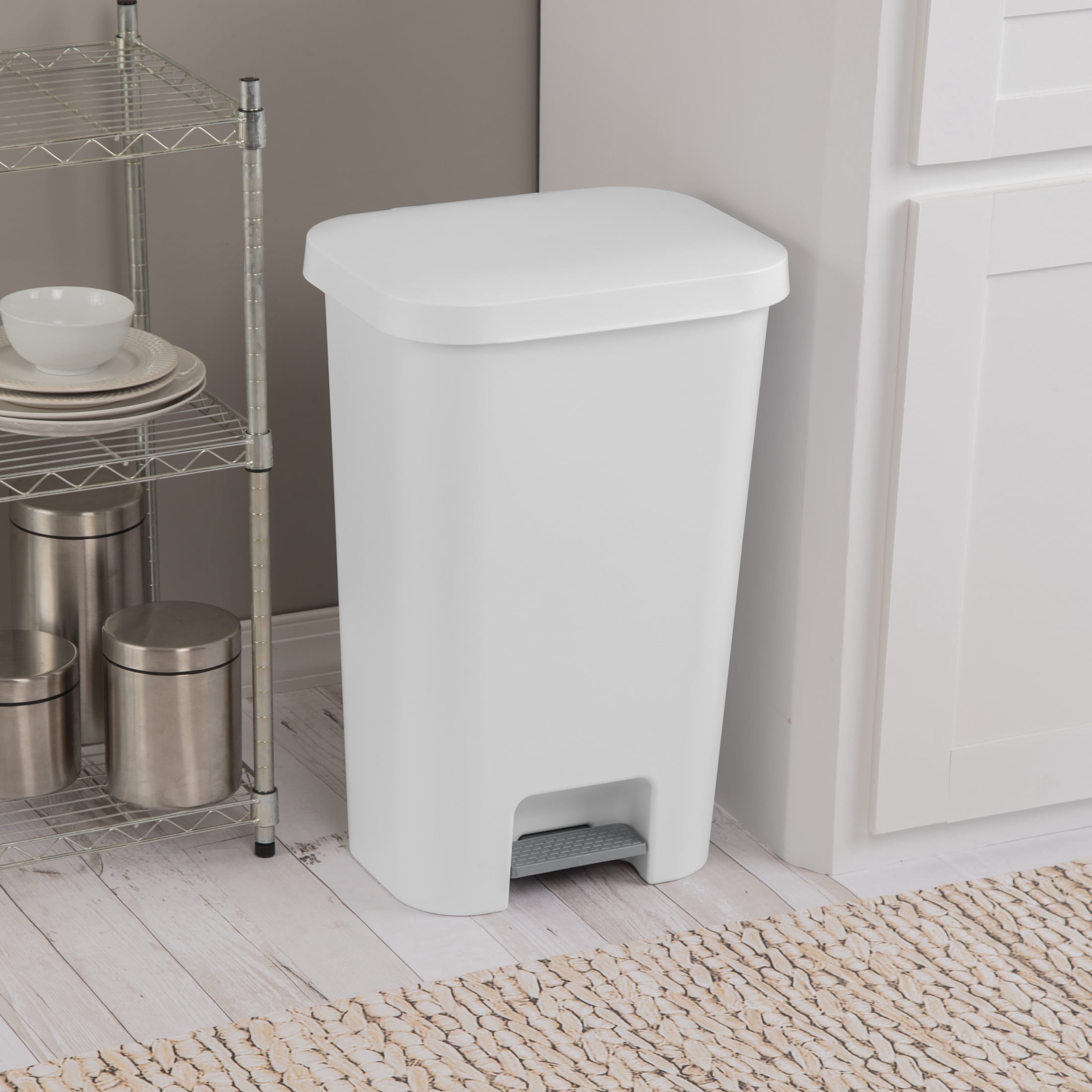 Sterilite Large Kitchen Trash Can, 11.9 Gallon Plastic Garbage Bin with Step Lid, White