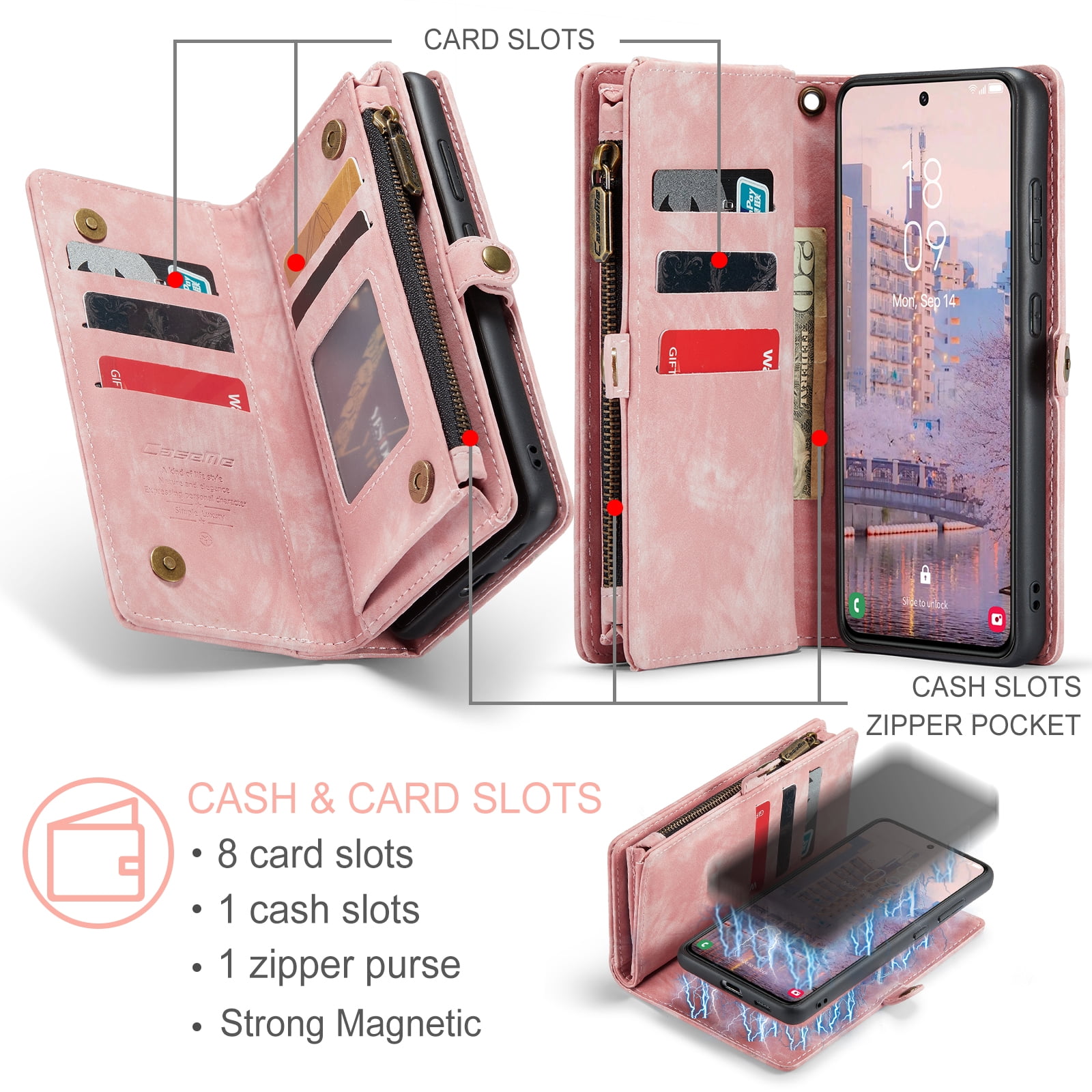 Allytech Magnetic Detachable Wallet Case for Samsung Galaxy A16 5G with Card Slots & Zipper Pocket, Support Wireless Charging, PU Leather Wrist Strap Shockproof Full Protection Flip Case, Pink