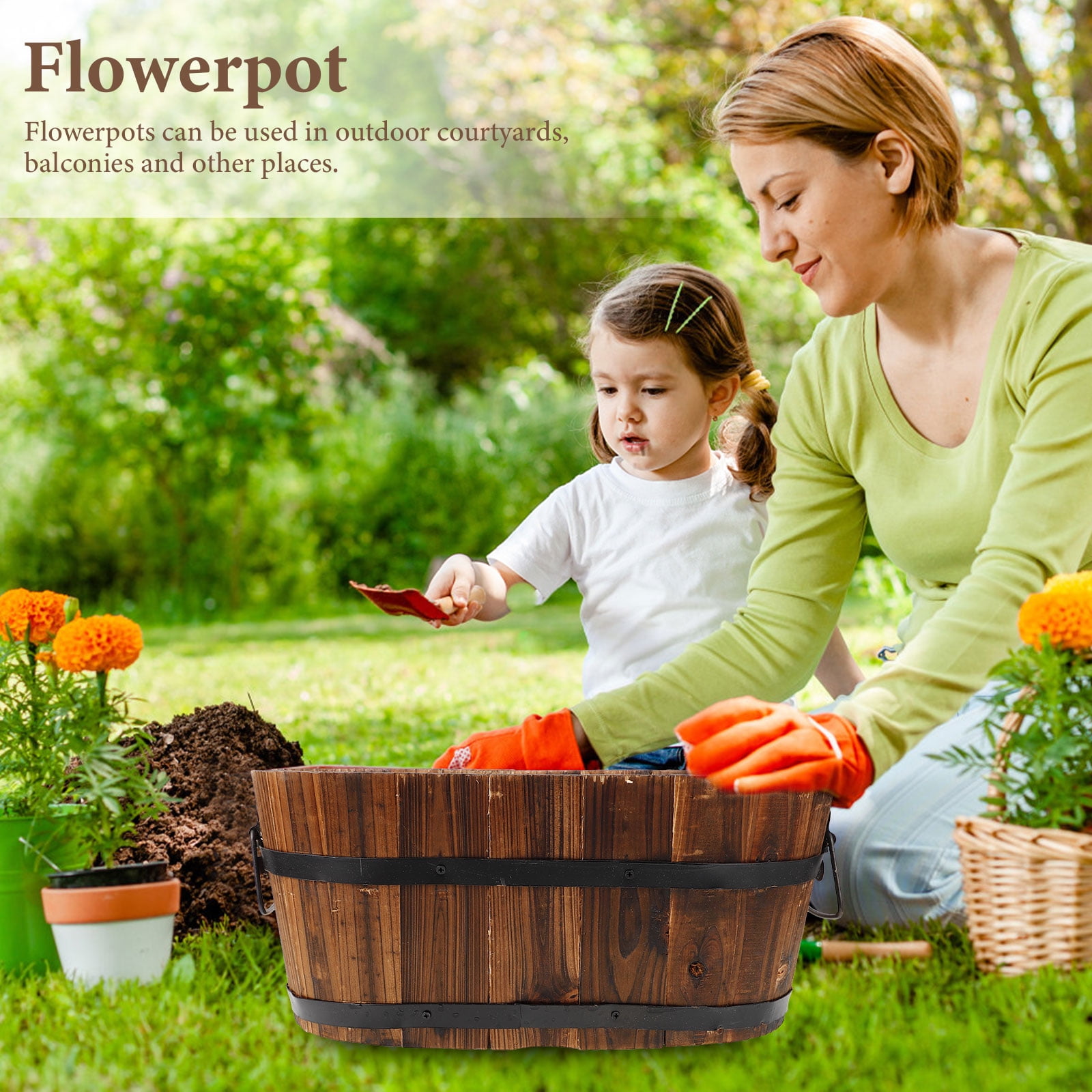 RENACLIPY Barrel Planter Rustic Planter Dark Brown 1Set for Gardening Pot Outdoor Gardens