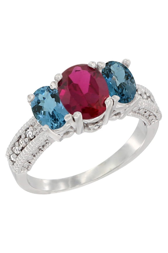 14K White Gold Diamond HQ Ruby Ring Oval 3-stone with London Blue Topaz, size 5