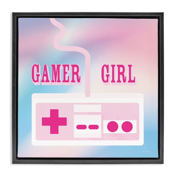 Stupell Industries Pastel Gamer Girl Controller Quotes and Sayings Painting Black Floater Framed Canvas Art Print Wall Art, 18 x 18