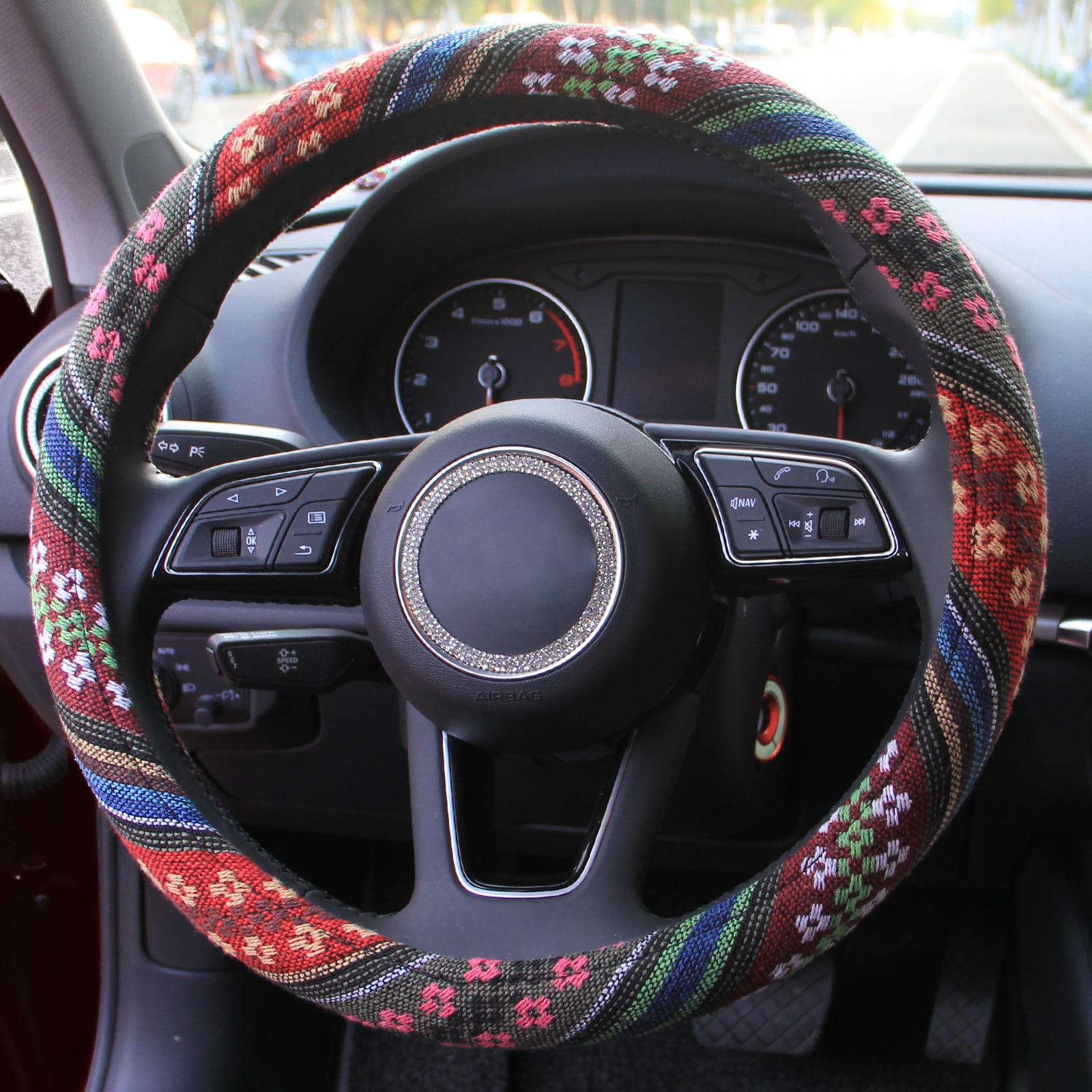 Copap Car Steering Wheel Cover 15 inch Baja Blanket Ethnic Style Woven Cloth Fit Most Auto Cars Bule & Red Coarse Flax Cloth 