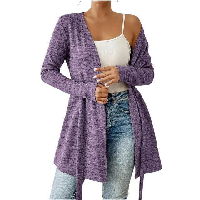 Womens Long Cardigan Lightweight Knitted Sweaters Lace-up Long Sleeve Open Front Sweater Coat