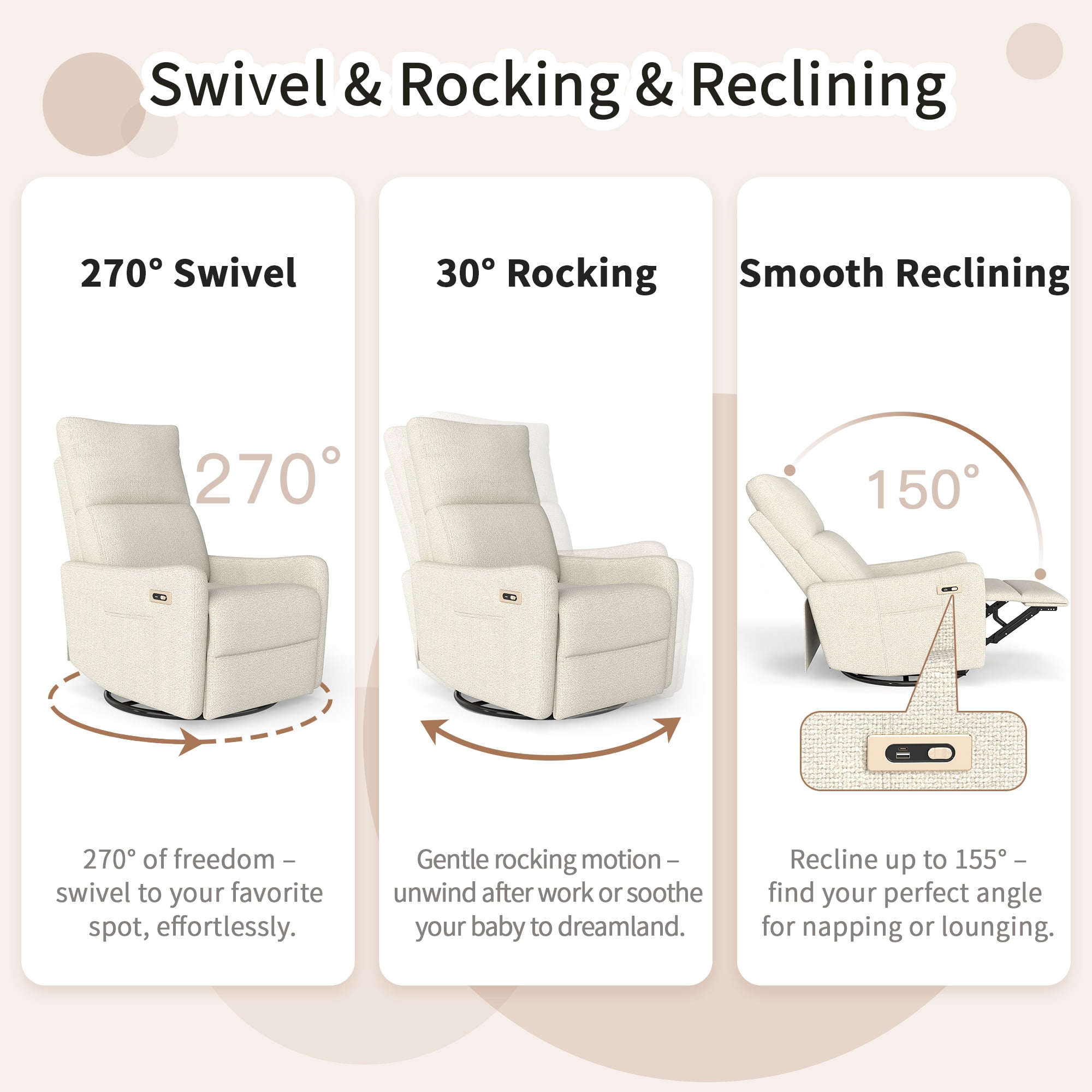 Leumius Swivel Recliner Chair,270° Swivel Rocker Chair for Adults,Small Rocking Recliner for Small Spaces, Upholstered Fabric Glider Recliner Nursery,Living Room Chair,Theater SeatingBeige