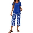 thumbnail image 2 of Women's Two Piece Outfit, Solid Sleeveless Crweneck Tank Top & Leaf Print Shorts Set, Casual Summer Vacation Beach Wear, 2 of 5