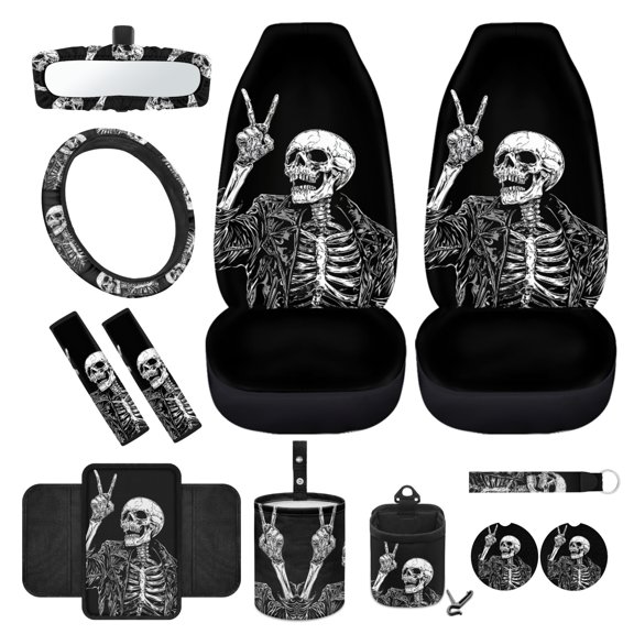 Yuyamidu 12 Pack Car Accessories Skull Front Auto Seat Cover Black Steering Wheel Cover Seatbelt Strap Pad Armrest Mat Trash Can Air Vent Holder Cup Holders Rearview Mirror Cover Keychain