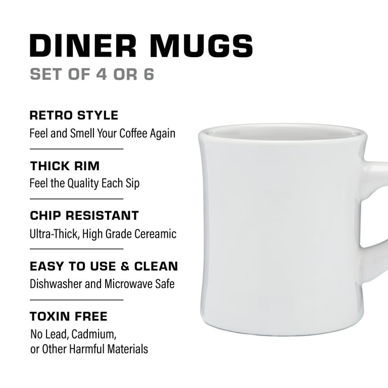 Coletti Diner Coffee Cups Set of 6, Ceramic White Mugs for Retro Kitchen