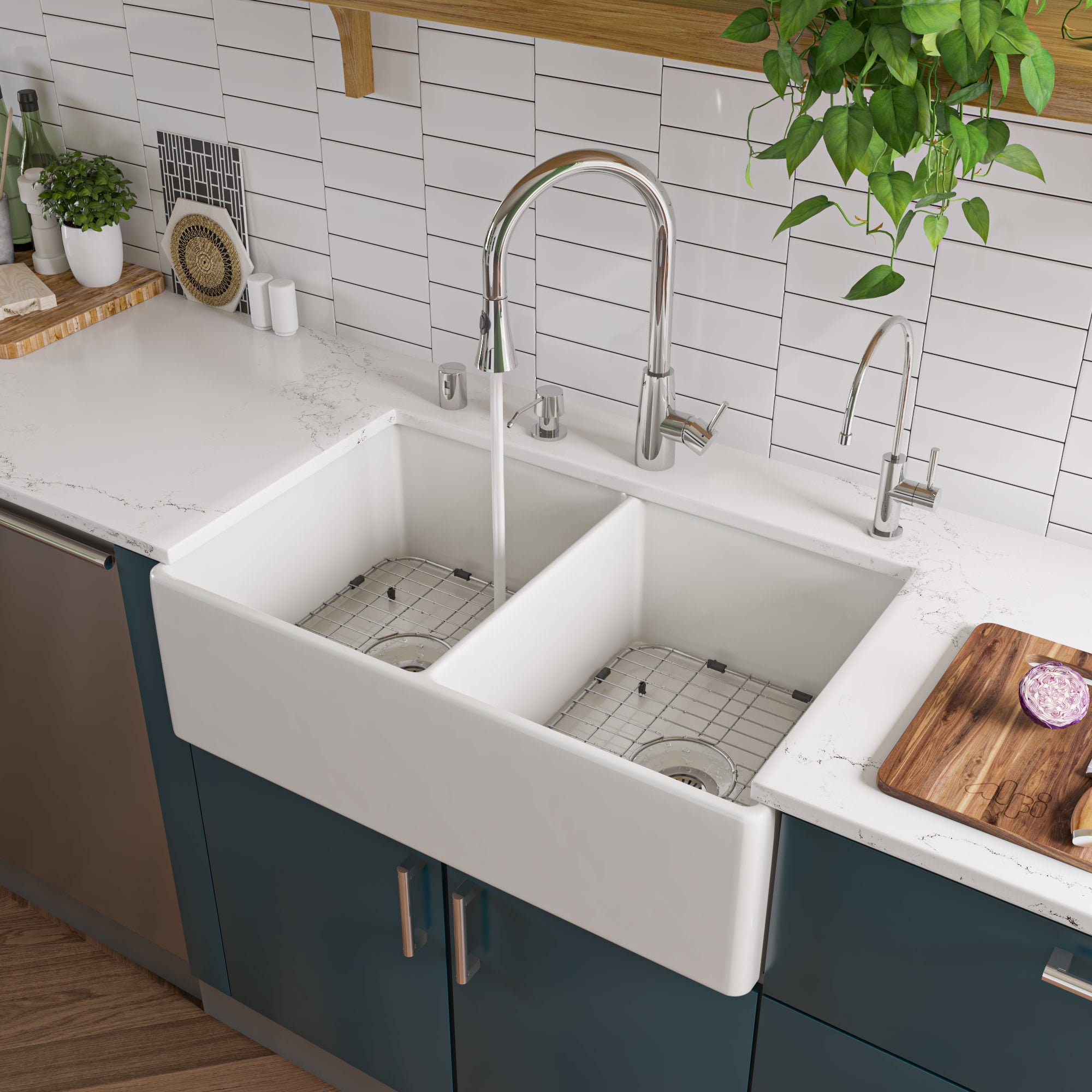 ALFI Brand AB538W White 32" Smooth Apron Double Bowl Fireclay