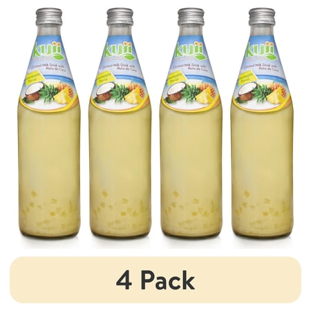 (4 pack) Kuii Drinks Coconut Milk with Nata de Coco, Pineapple, 485 mL Single Glass Bottle