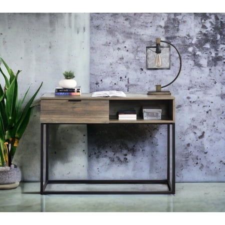 Rustic Oak Study Desk With Black Legs - And Spacious Table Build Practical Storage Space