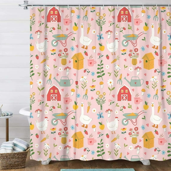 Pink Cottagecore Shower Curtain Classic Pastoral Rural Countryside Scenery Cute Farmhouse Animal Colorful Floral Pastel Bathroom Decor with Hooks