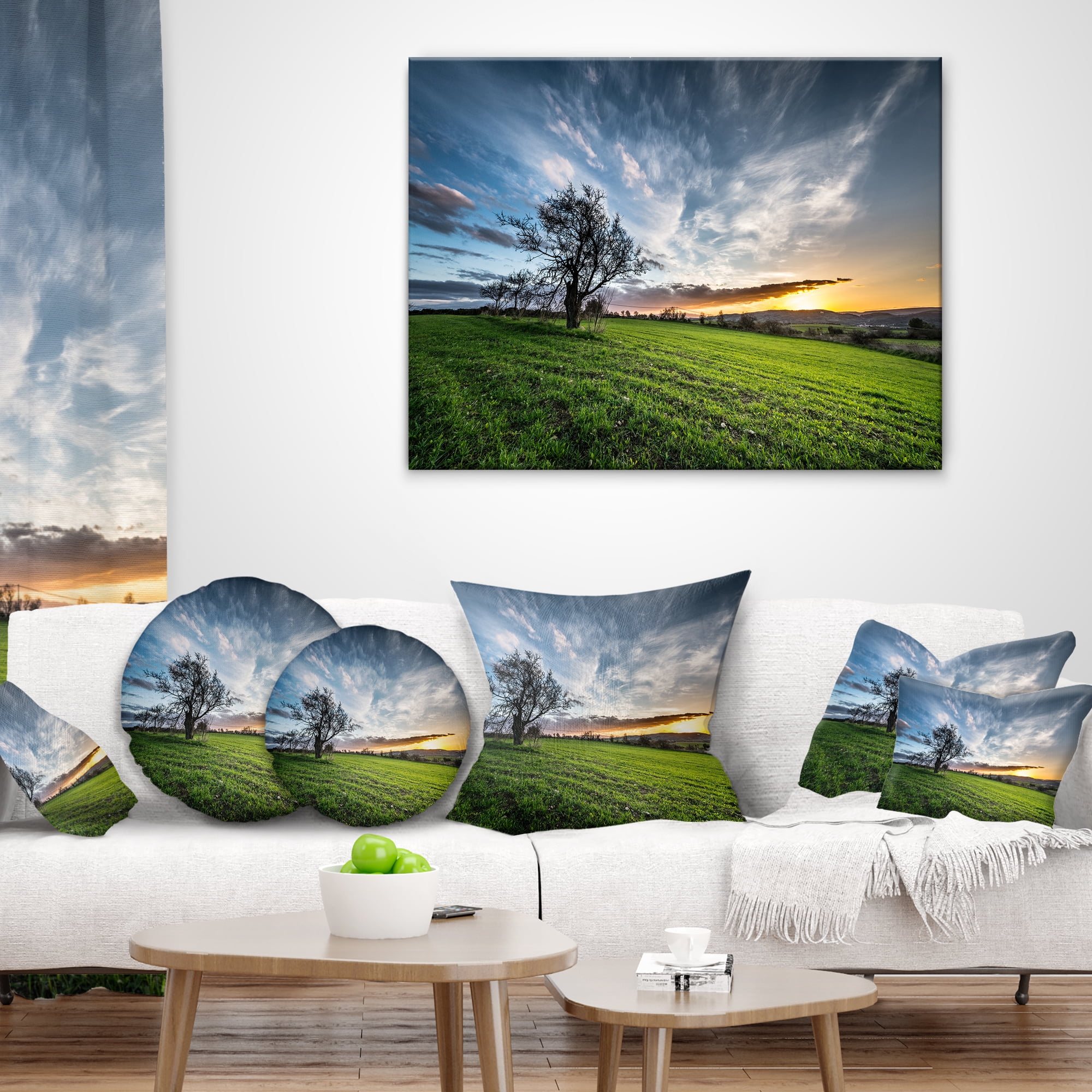 Designart Green Grass Field in Sardinia - Landscape Printed Throw Pillow - 18x18
