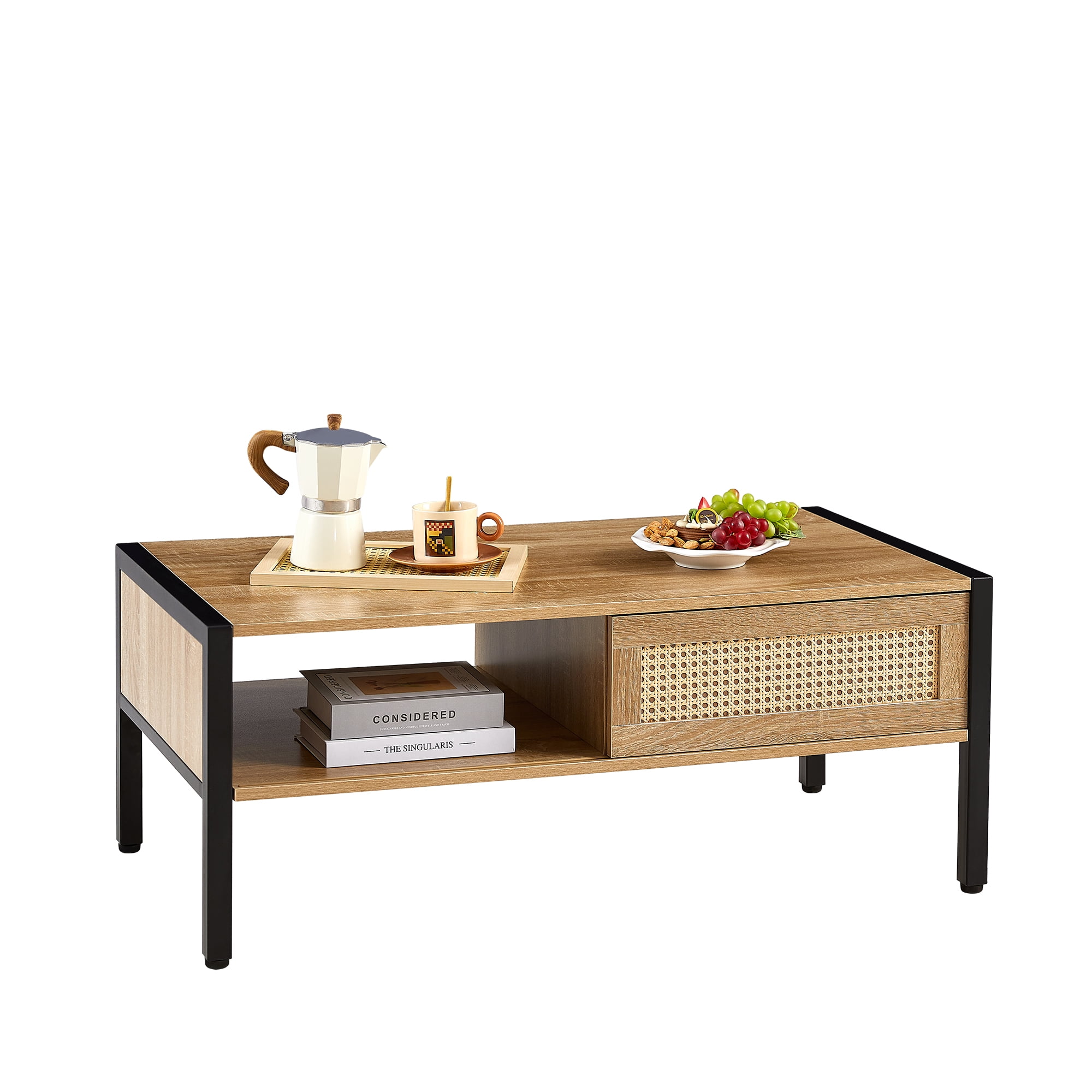 Rattan Coffee Table, Storage Coffee Table, Modern Living Room Table with Sliding Rattan Door, MDF Body and Metal Legs, 220LBS Capacity, 40.16" L x 21.26" W, Natural