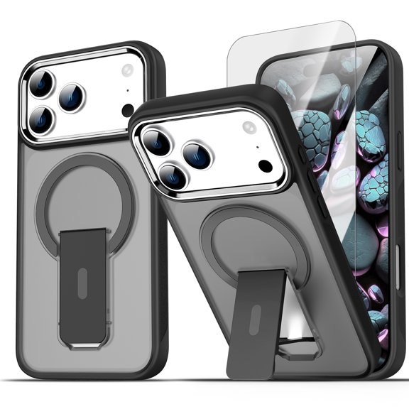Dteck Magnetic Case with Tempered Glass Screen Protector for iPhone 18 Pro,Shockproof TPU PC Compatible with Mag Safe Case Kickstand Translucent Matte Cover for iPhone 18 Pro,Black