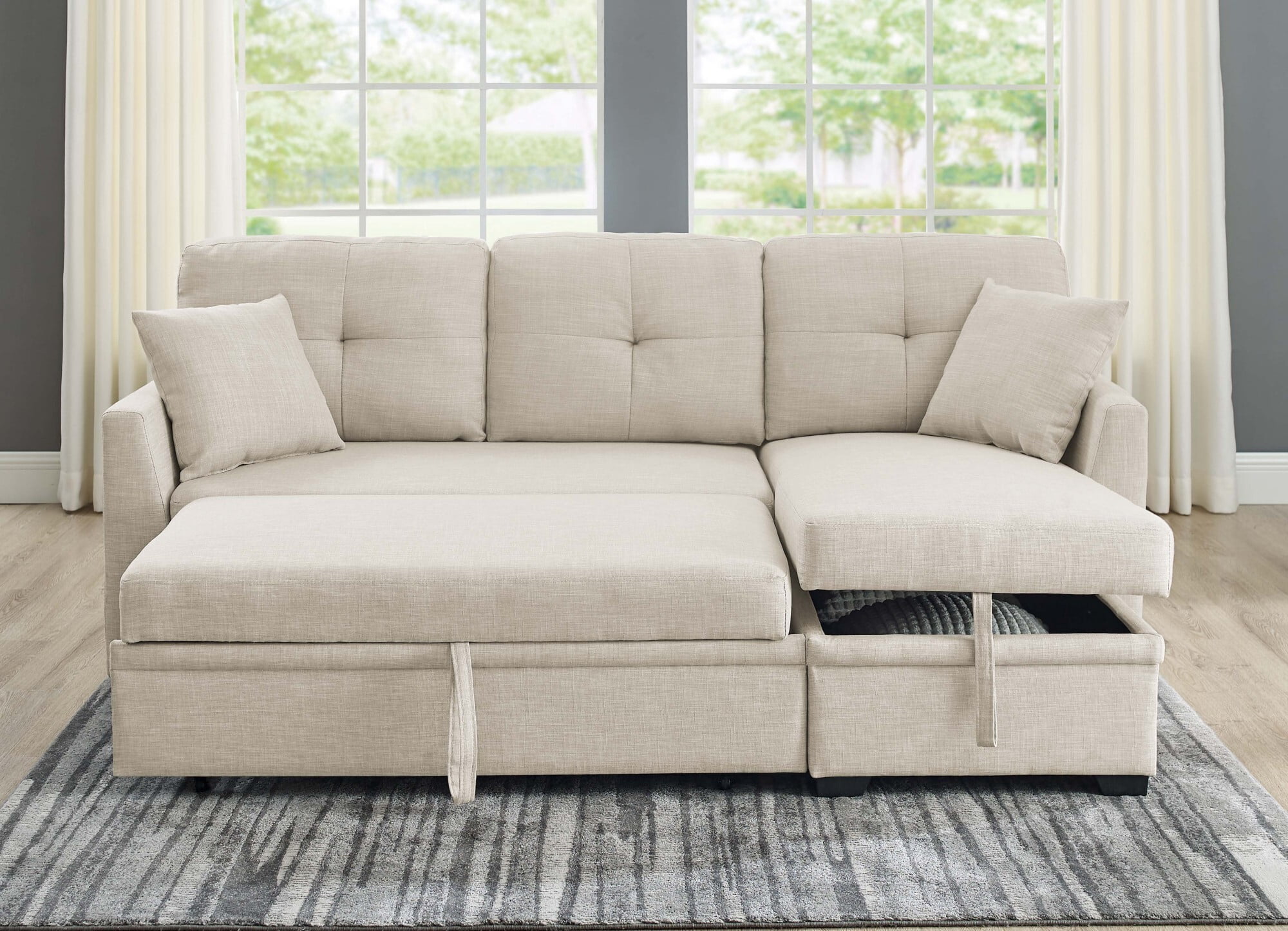 DEALTOPS L-Shaped Sectional Sofa Bed with Reversible Storage Chaise, Pull-Out Sleeper Couch for Living Room, Almond