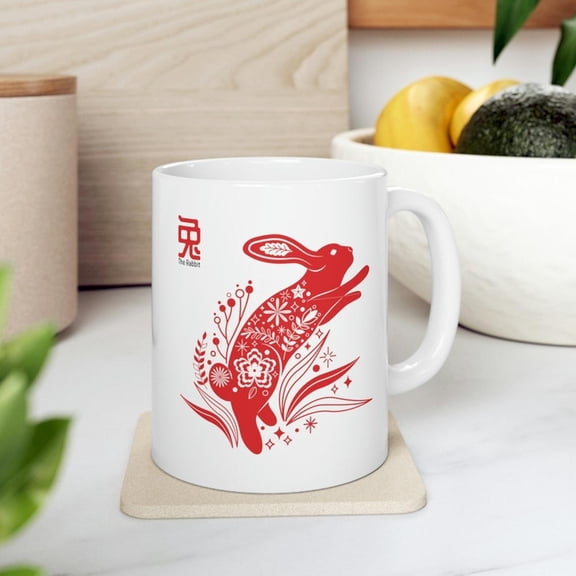 Rabbit Mug Year of the Rabbit 2023 White and Red Ceramic Mug, Chinese Lunar New Year of the Rabbit, Gift for Friend, for Family, for S