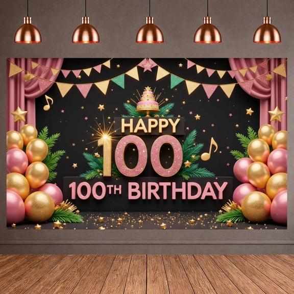 Pink & Gold Glittery Happy 100th Birthday Banner Sparkly Texture Centenarian Birthday Backdrop Star Embellishment Balloon Decoration 100th Birthday Display for Centenarian Birthday Party Indoor