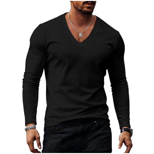 Mens Tops Manga Larga Suelta Cuello en V Casual Color Sólido Transpirable Manga Larga Camisa de Ejercicio, Manga Corta Superior
