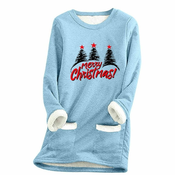 Chrismas Sweaters Womens Long Tops for Leggings with Pockets Sherpa Lined Xmas Print Crewneck Pullover Tunics (XL, Sky Blue)