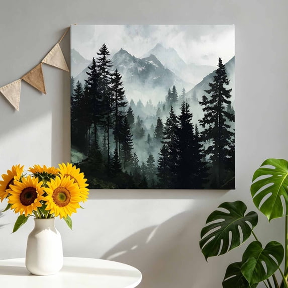 Canvas Wall Art, Black Forest Framed Canvas Prints for Living Room Bathroom, Nature Foggy Mountain Pine Tree Gallery Wrapped Wall Decor for Home Office, Gifts, 12"x12" Ship Next Day