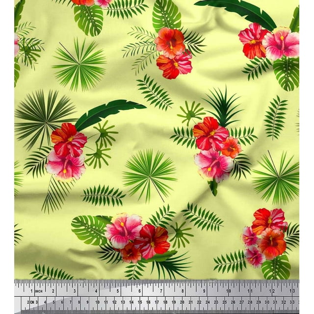 Soimoi Polyester Crepe Fabric Floral & Leaves Tropical Print Fabric by The Yard 52 Inch Wide