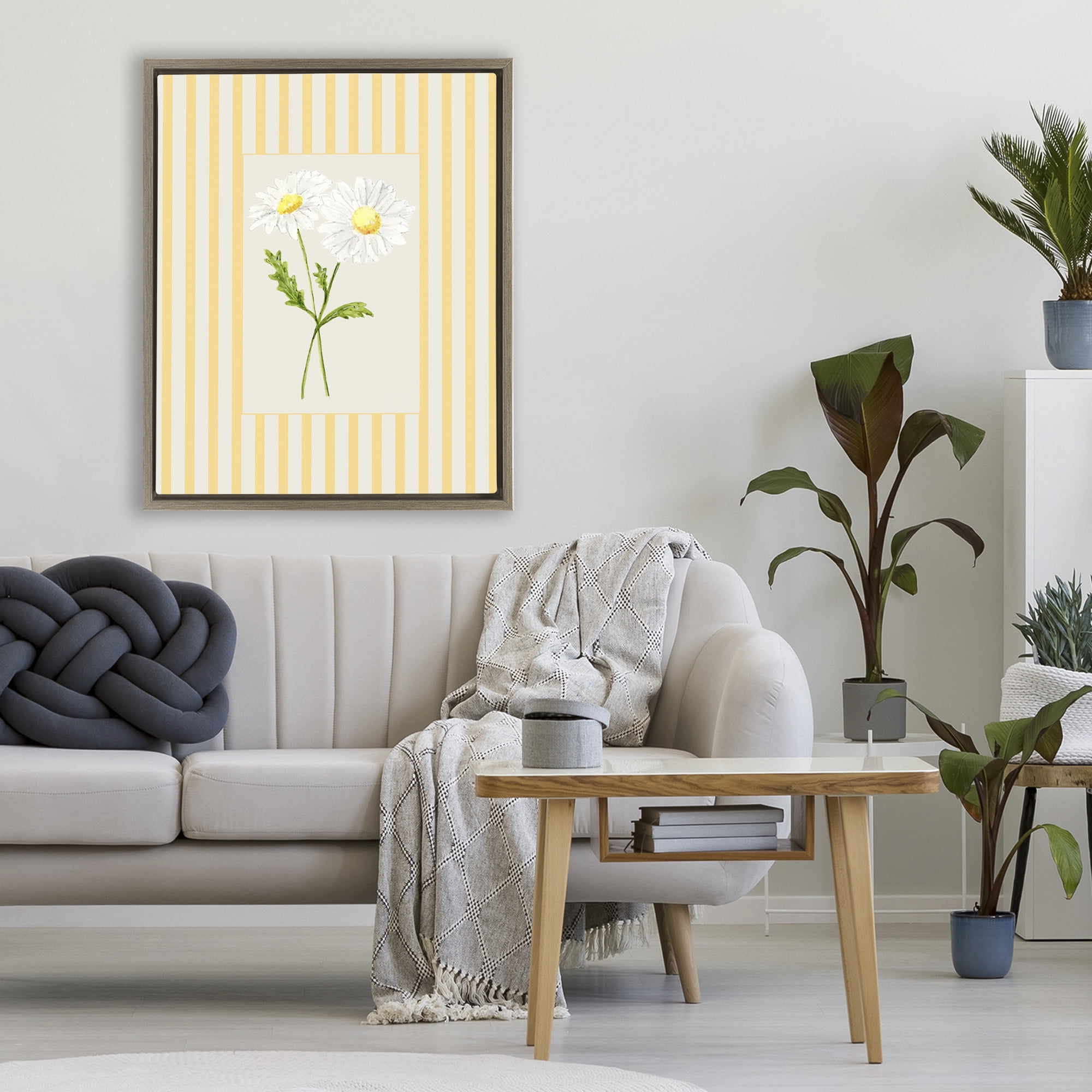 Yellow Stripe Daisy Brown Framed Floater Canvas Wall Art, design by Lisa Wehmeyer
