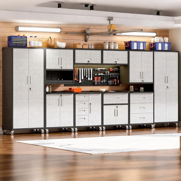 IKIMI 10-Piece Garage Storage Cabinet Set, Garage Storage Cabinets System Workshop Set with Drawers, 2 * Tall Tool Cabinets 4 * Wall Garage Cabinets 4 * Tool Cabinet with Wheels- Gray