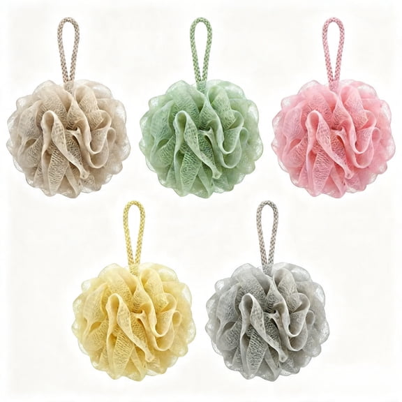 Biiend Loofah Bath Sponge 5 Pack, Large Shower Pouf Exfoliating Body Scrubber, Soft Mesh, Rich Lather, Quick Dry with Hanging Loop, Assorted Colors for Women Men Kids