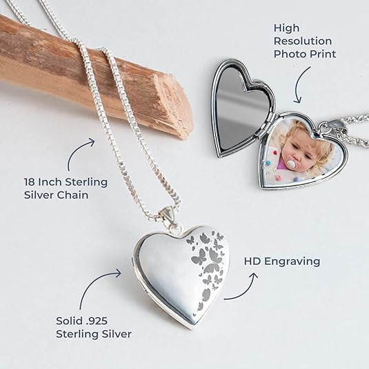 Personalized Sterling Silver Butterflies Heart Photo Locket Necklace for Women - 3/4 inch x 3/4 inch, Sterling Silver, Locket Only