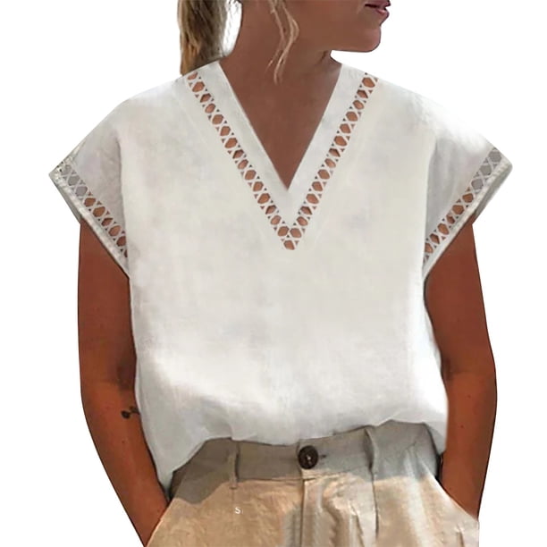 Camisetas sin mangas para las mujeres recortado de verano de Color sólido para mujer, camiseta de cuello de manga corta sin mangas ajustada de encaje, chaleco superior con cuello en V (White, XXXL)