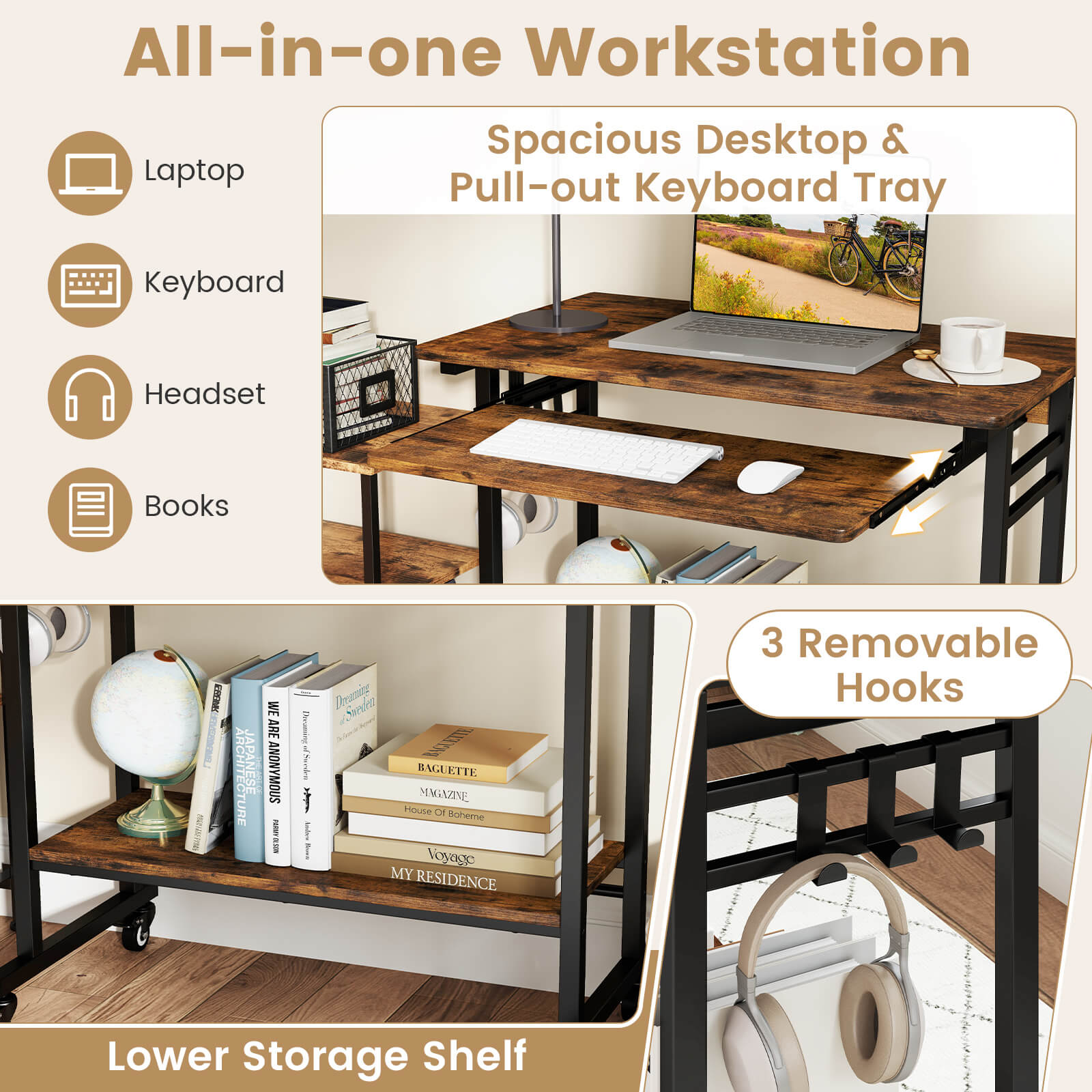 Costway Mobile Laptop Desk with Keyboard Tray, Lower Shelf, 3 Hooks, 4 Universal Wheels Rustic Brown
