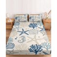 thumbnail image 2 of Twin XL Size Fitted Sheet Set - Blue Beige Coastal 2 Piece Bedding Sets 16" Deep Pocket Fitted Sheet with 1 Pillowcases, Summer Beach Starfish Coral Nautical Rustic Brushed Microfiber Bed Sheets, 2 of 9