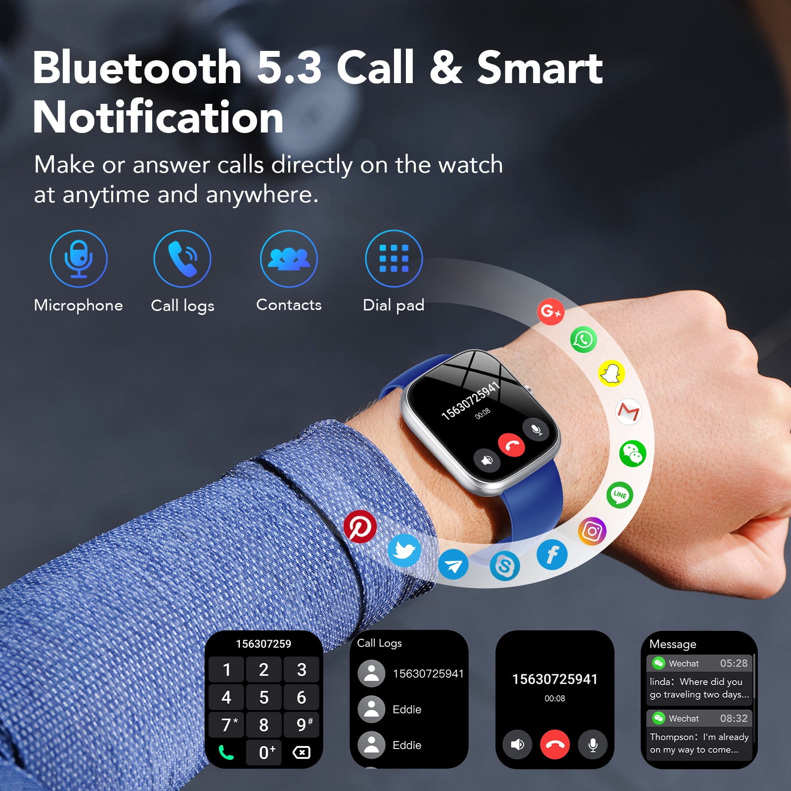 Smart Watch Fits for Android and IPhone, IP68 Waterproof Smartwatch for Women Men 120 Sports Modes 1.91-inch Fitness Tracker, Smart Watch with Bluetooth Call(Answer/Make Calls), for Gift Blue