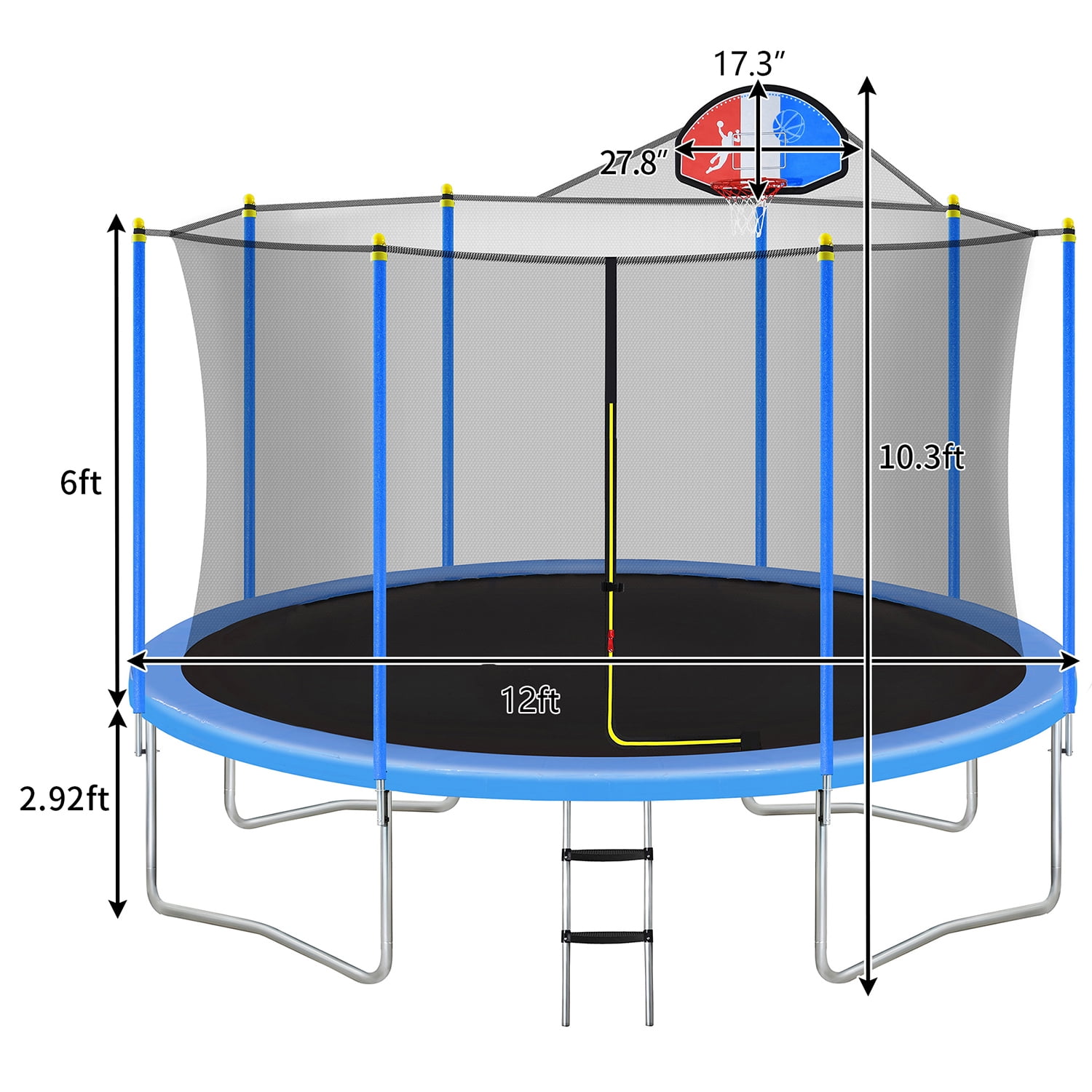 Kadyn 12FT Toddlers Trampoline, Metal Mini Small Trampolines with Safety Enclosure Net, Basketball Hoop and Ladder, Recreational Trampoline for Kids, Blue