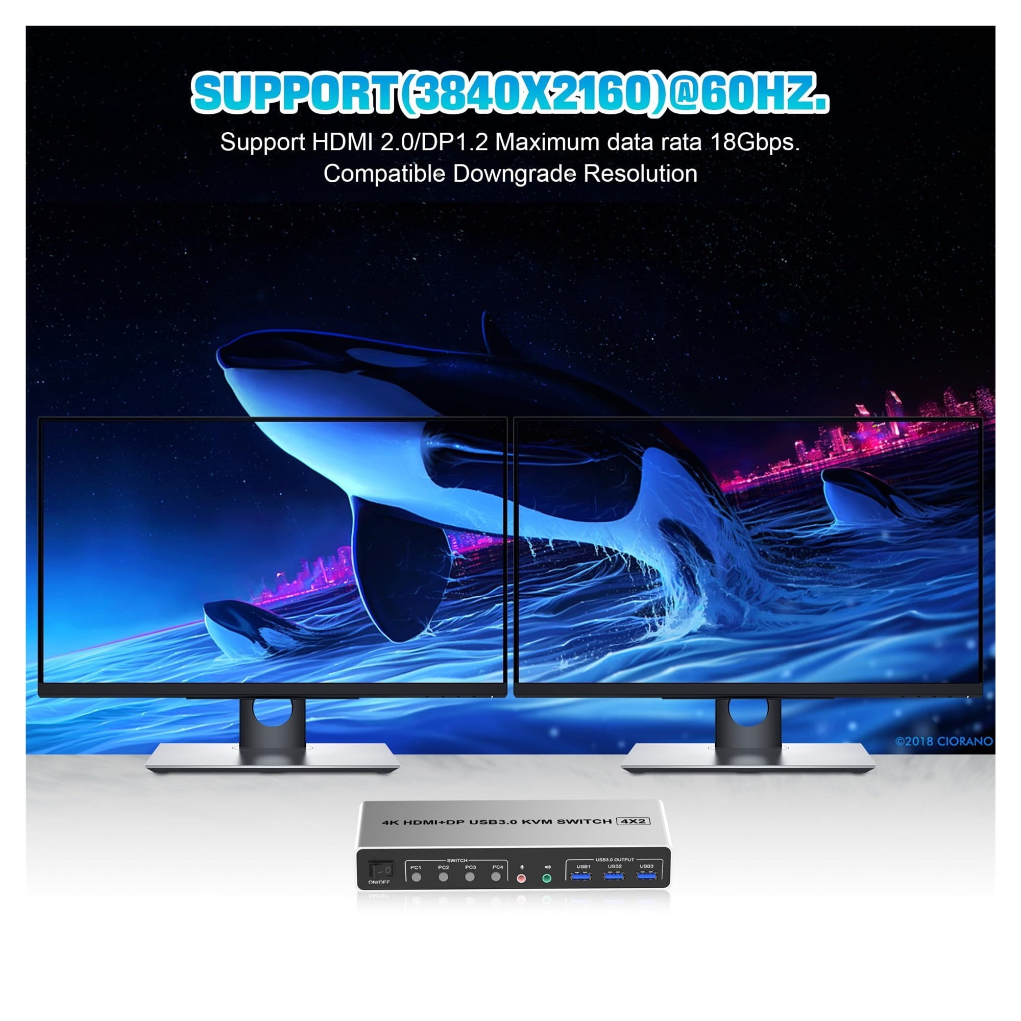 4K@60Hz USB 3.0 Displayport+ KVM Switch 2 Monitors 4 Computers, 4 Port Dual Monitor +DP Monitor Switch For 4 PC