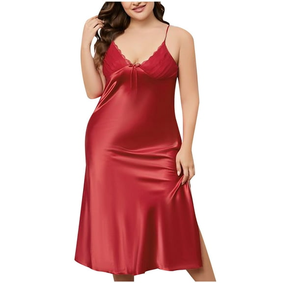 Jgppe Women's Satin Silk Nightgown Large Size Lace Trim Spaghetti Straps Sleeveless Chemise Nightdress for Ladies