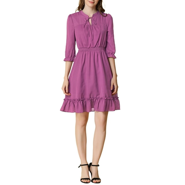 INSPIRE CHIC Robe Trapèze en Mousseline à Volants Superposés pour Femme, Manches 3/4, Smockée, S Violet Raisin