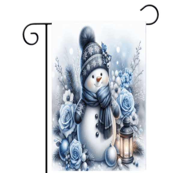 Snowman Garden Flag 12x18 – Winter Roses & Lantern Scene – Outdoor Holiday Yard Decor