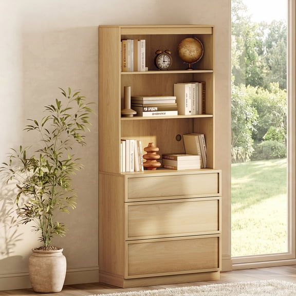 Modern 72" Tall Bookshelf with 3 Drawers and Open Book Shelves,Wood Freestanding Book shelf for Home Office, Living room,Oak