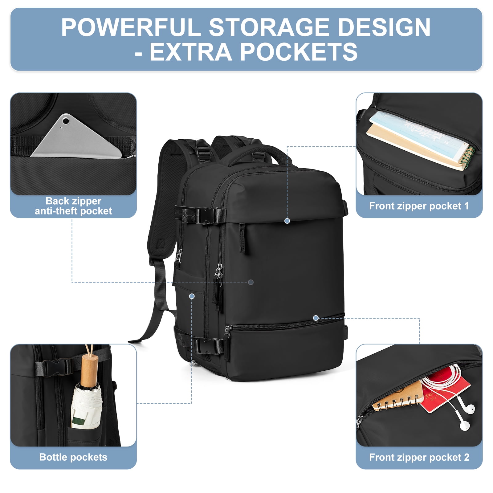 Travel Backpack Simple Durable Carry On Backpack with Shoe Compartment, Personal Item Travel Bag Flight Approved, Water Resistant Laptop Backpack for Women Men Weekender Business, Black