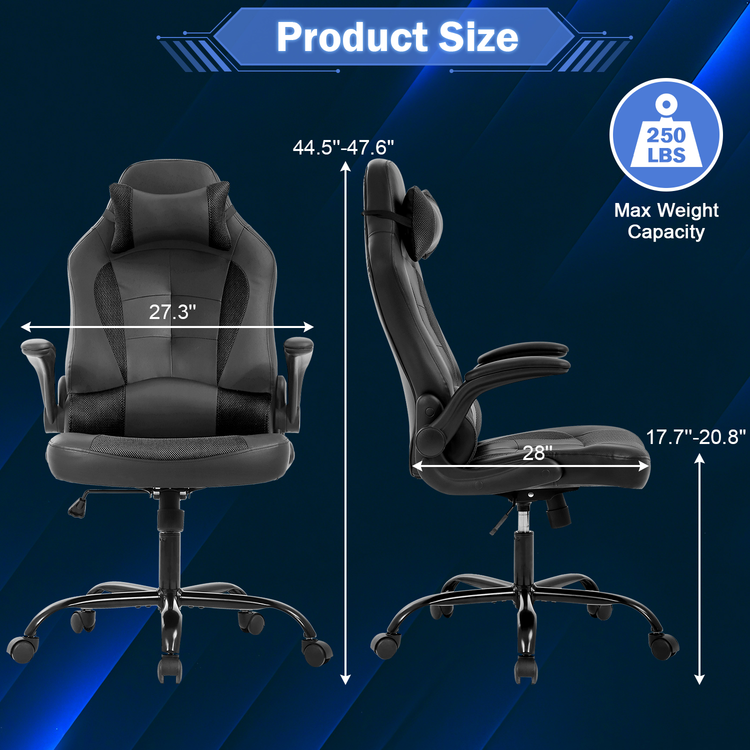 Video Game Chair High Back Gaming Chair PU Leather Racing Chair with Headrest Lumbar Support & Flip-up Arms , Adjustable Gamer Chair for Adults & Kids, Black