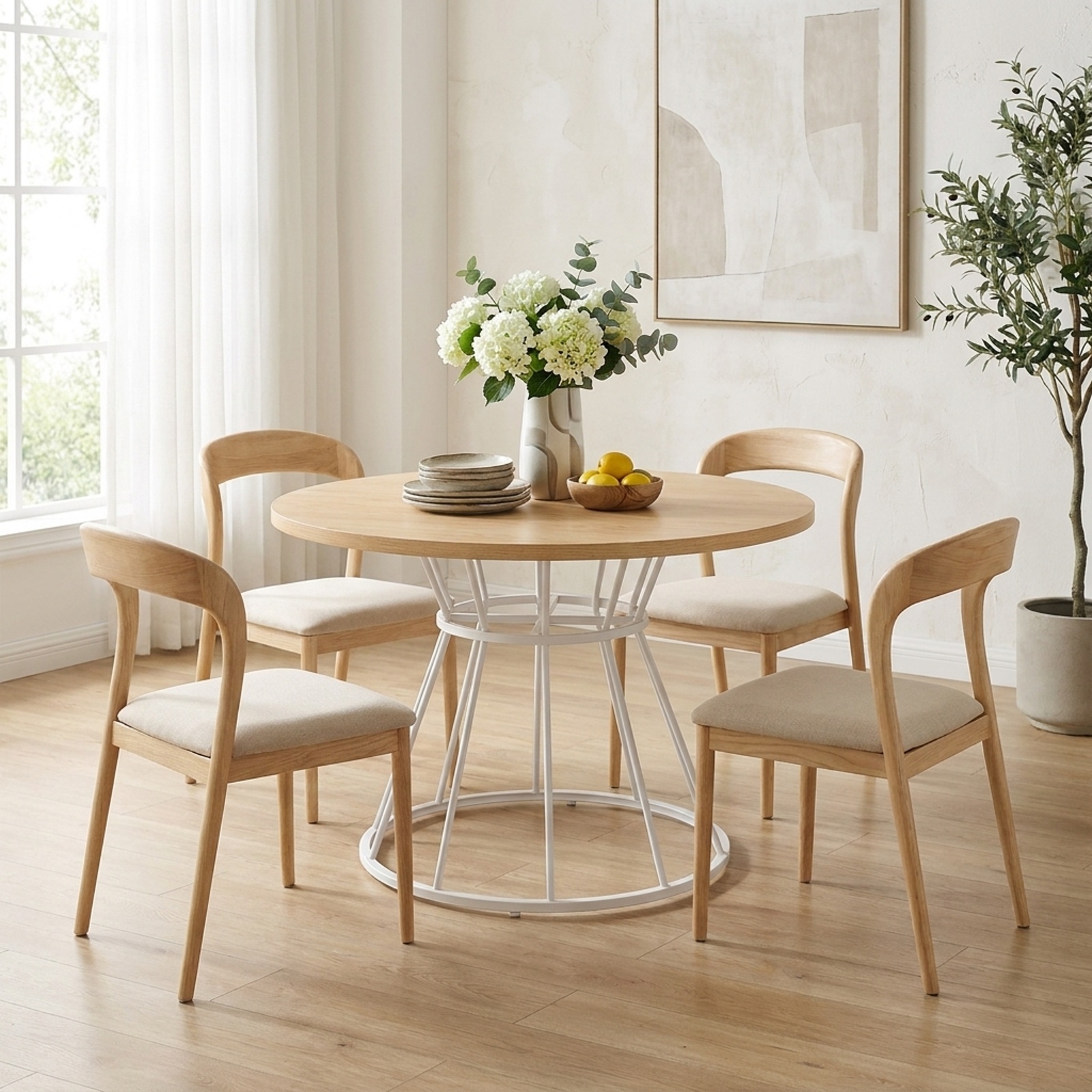 Furnibear 47 Inch Round Farmhouse Dining Table for 4 with Natural Wooden Tabletop