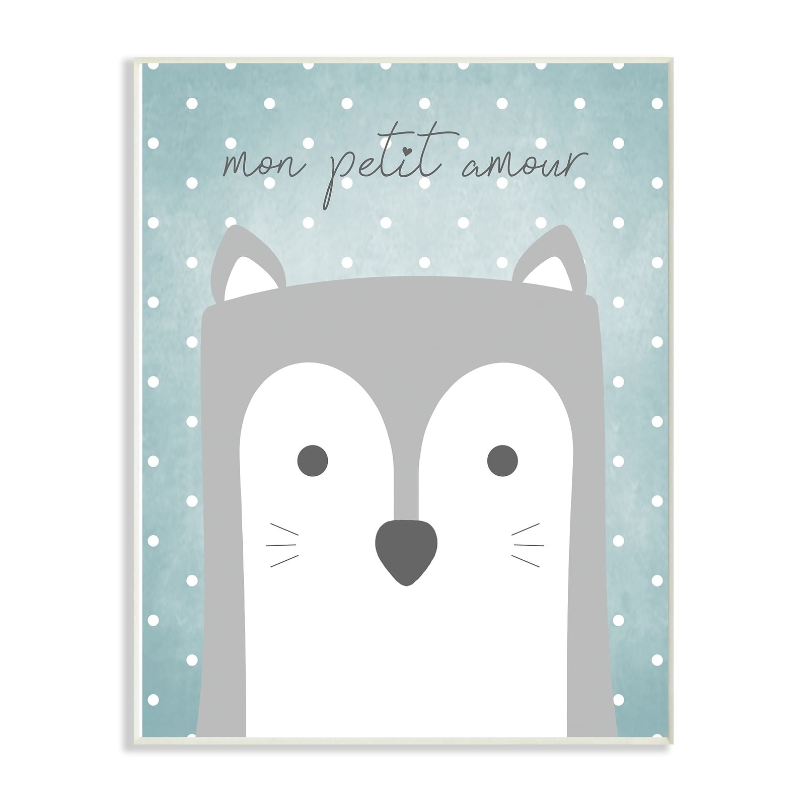 Stupell Industries The Kids Room By Stupell Mon Petit Amour Grey Fox with Blue Polka dots Wall Plaque Art, 10 x 15, Proudly Made in USA 13 x 19