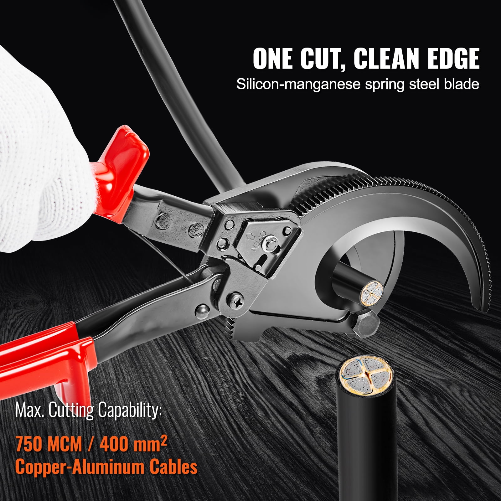 KFFKFF Ratcheting Cable Cutter, 11" Ratchet Wire and Cable Cutter, Cut up to 400 mm², with Comfortable Grip Handles, Easy to Use Quick-Release Lever, Silicon-Manganese Spring Steel Blade