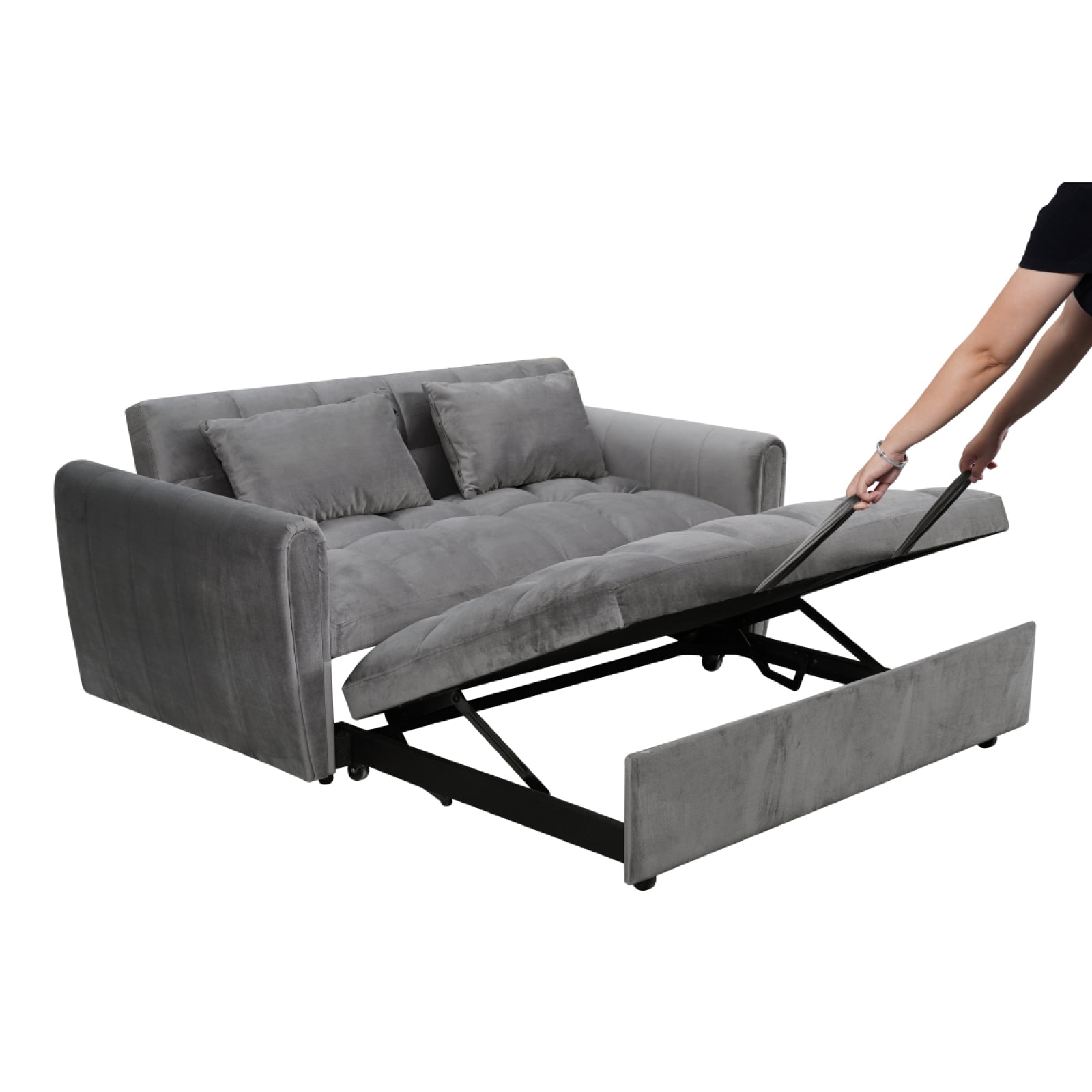 65 Inch 3-in-1 Convertible Sleeper Sofa Bed, Velvet Loveseat with Adjustable Backrest & Padded Armrests, Multifunctional Pull Out Couch for Living Room Apartment Bedroom Office, Dark Gray