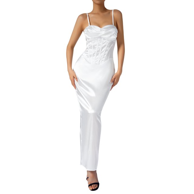 VISgogo Vestido largo ajustado de satén para mujer, sin mangas, correa de espagueti, cuello alto, color sólido, vestido de cóctel VISgogo moda