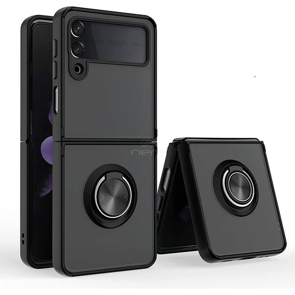 For Samsung Galaxy Z Flip3 5G Ring Defender Metal Ring Magnetic Support Kickstand Heavy Duty Drop Protector Phone Case Cover Black